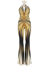 Zebra-striped halter neck gown on a white background